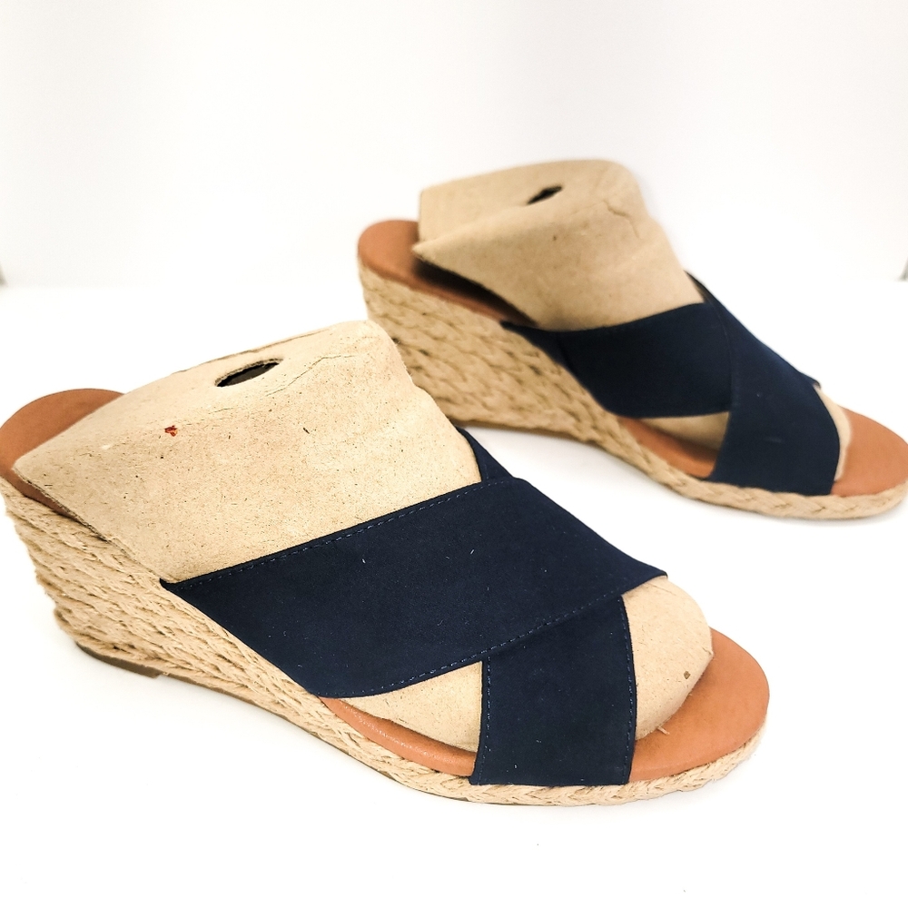 Tommy Bahama Stacey Womens Sz.7 Navy Wedge Peep Toe Slip On Heels Sandal